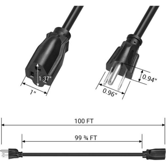 100 ft Extension Cord, 14/3 SJTW Outdoor Power Cable, 3 Prong Heavy Duty - Picture 1 of 7